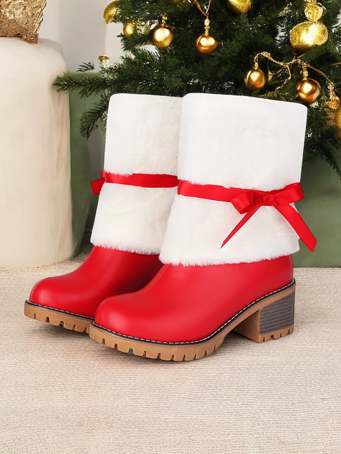 dames kerstlaarzen met imitatiebont en rode strik – feestelijke vakantieschoenen voor winterfeesten 2025 - $64.99 –P4