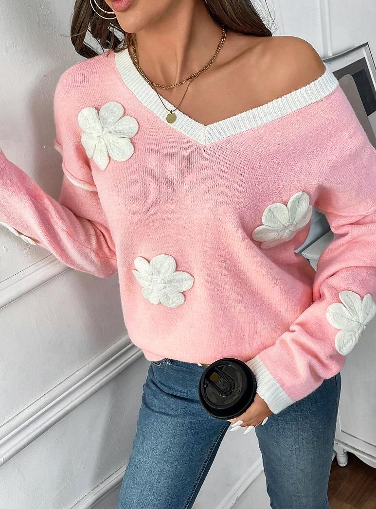 Women's Sweater Crew Neck Knit Embroidery Spring Fall Elegant 3/4 Length Sleeve Solid Color Pink 2025 - $61.99 –P1