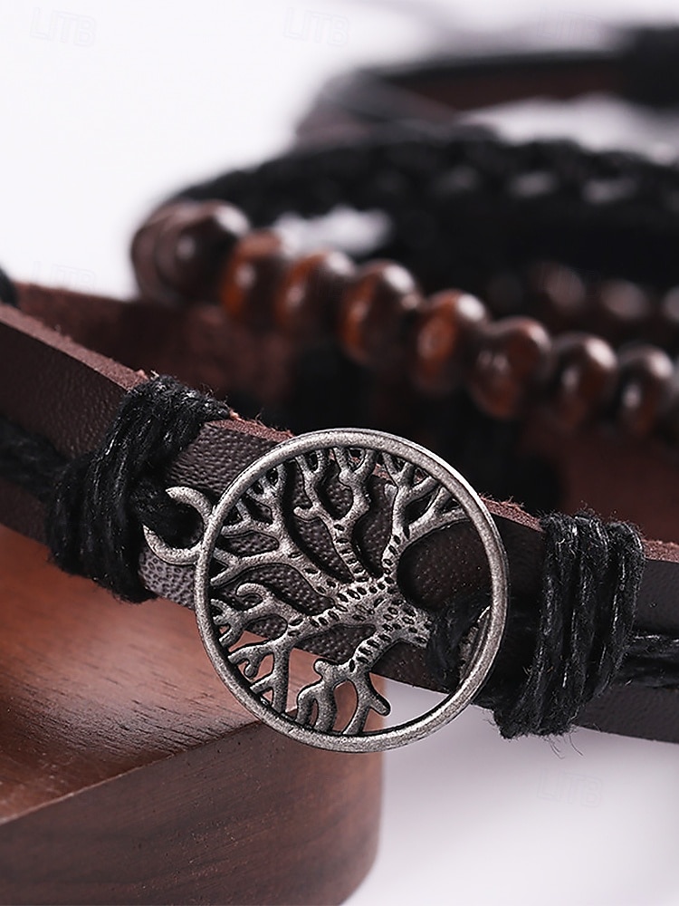 Men's Leather Beaded Bracelet Set with Tree of Life Charm – Vintage Layered Wristband Jewelry 2025 - $11.99 –P5