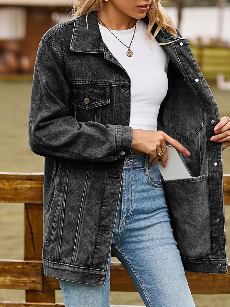Women's Denim Jacket Outdoor Street Daily Wear Fall Winter Regular Coat Regular Fit Thermal Warm Breathable Stylish Casual Jacket Long Sleeve Solid Color with Pockets Light Blue Black Pink 2025 - $62.99 –P8