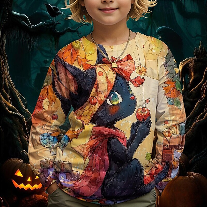 Pojkar 3D Grafisk Tecknat Katt T-shirt Långärmad Vår Höst Mode Grundläggande Barn 4-12 år Rund hals Utomhus Ledigt Dagligen Normal 2025 - $13.99 –P1
