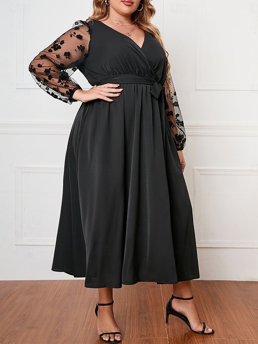 Dam Plusstorlekar Kurva Vardagsklänning Swingklänning A linjeklänning Ensfärgat Långklänning Maxiklänning Långärmad Spets Lappverk V-hals Mode Utomhus Svart Höst XL 2XL 3XL 4XL 2025 - $36.99 –P6