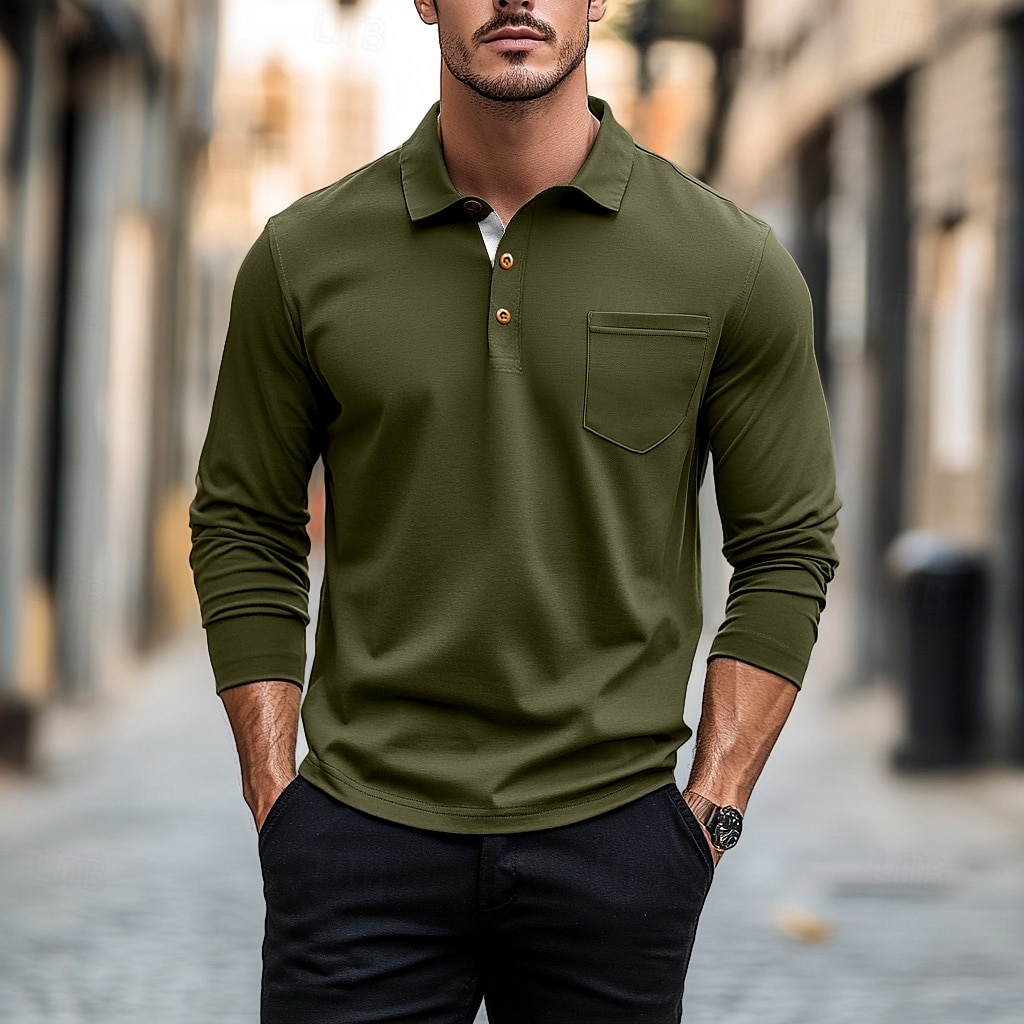 100% Cotton Men's Polo Shirt Golf Polo Formal Work Classic Long Sleeve Color Block Button Summer Spring & Fall Army Green Dark Grey Black Burgundy Navy Blue Polo Shirt 2025 - $27.99 –P13