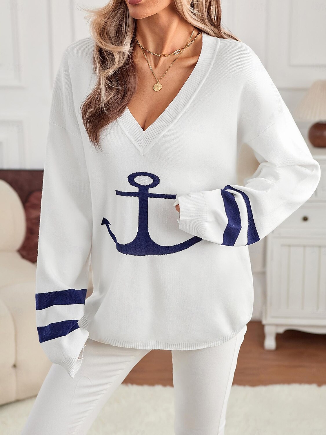 Damen Pullover Elegant Modisch Strassenmode Graphic V Ausschnitt Strick Langarm Lange Oberteile Stricken Täglich Wochenende Weiß Herbst Winter 2025 - $67.99 –P1