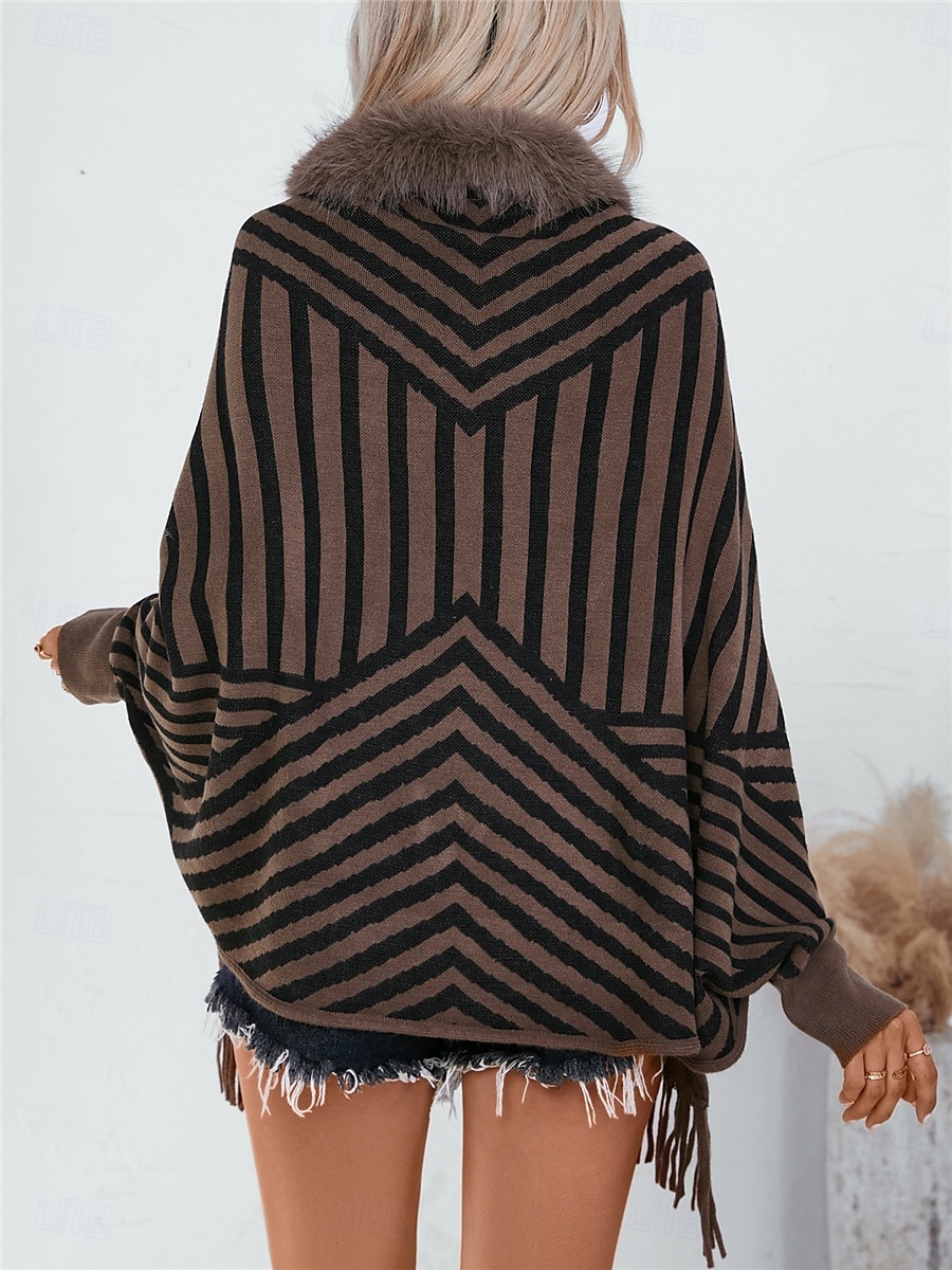 Dame Bolero Fritid Myk Stripet Riflet Crew-hals Strikket Trim i fuskepels Langermet Vanlige topper Strikke utendørs Daglig Helg Vin Aprikos Høst Vinter 2025 - $56.99 –P2