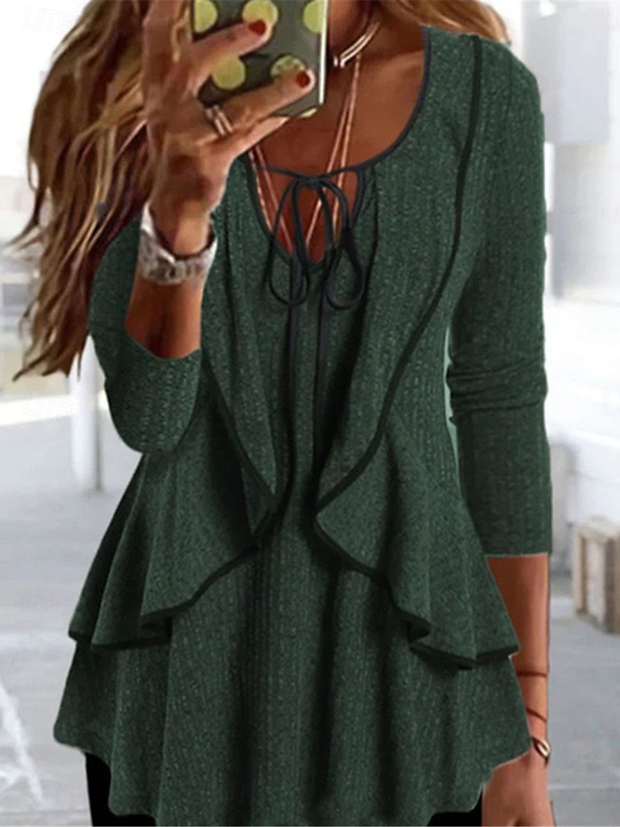 Per donna Camicia Blusa Tinta unica Essenziale Informale Manica lunga A V Top regolari Giornaliero Con balze Blu Verde Grigio Autunno Inverno del 2025 a $29.99 -P4