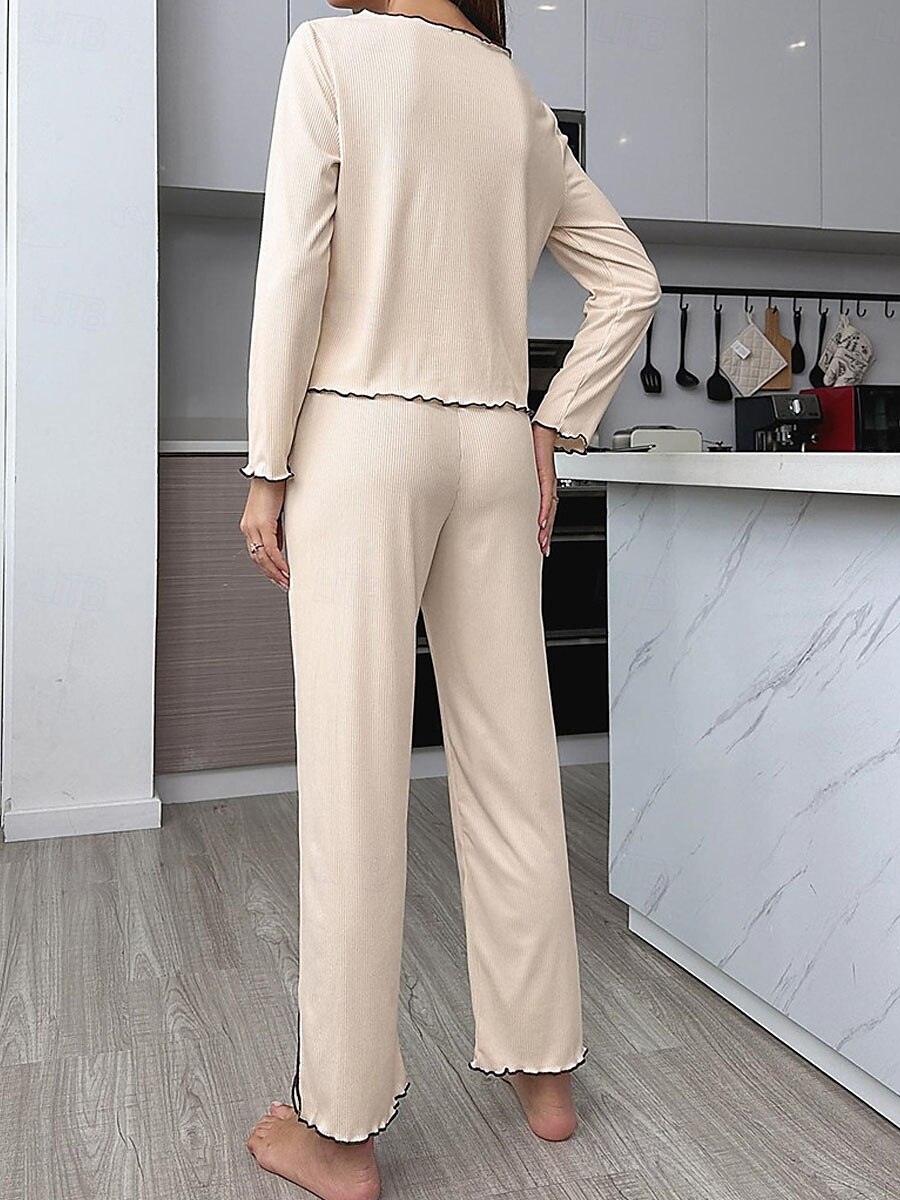 Women's Pajama Set Pure Color Casual Comfort Home Daily Comfort Warm V Neck Long Sleeve T shirt Pant Button Up Elastic Waist Fall Winter Home Outfits 2025 - $35.99 –P5