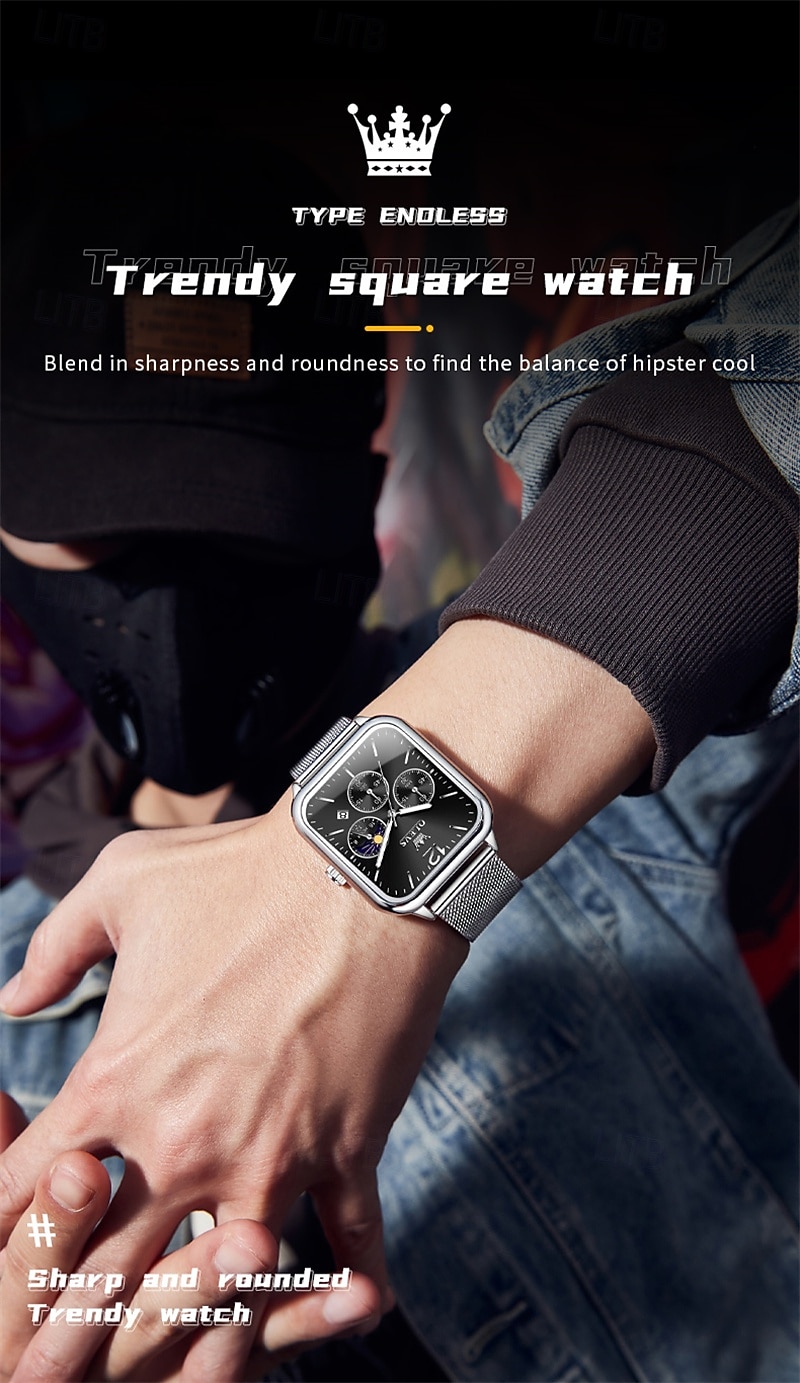 nouvelle marque olevs olevs tendance montres pour hommes cadran carré calendrier lumineux des phases de lune multifonction ceinture en maille à trois yeux montre à quartz à phases de lune de 2025 ? $29.99 –P18