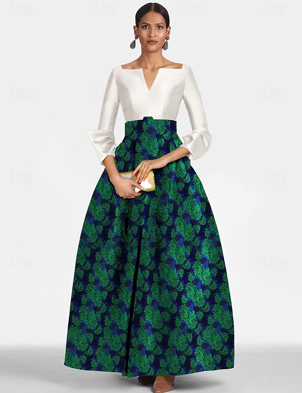 Robe de soirée en A verte brocart floral élégante tenue formelle longueur complète manches 3/4 décolleté en V poche en satin avec imprimé robe invitée de mariage de 2025 ? $178.99 –P1