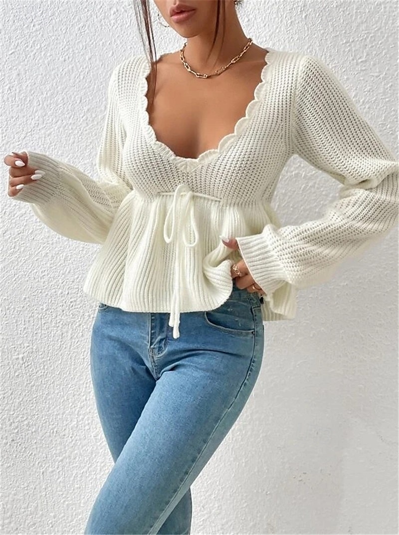 Femme Pull Chandail Pull Décontractées Flexible Couleur monochrome A côtes Col V A Volants Tricoté manche longue Hauts réguliers Tricoter Extérieur du quotidien Fin de semaine Noir Blanche Automne de 2025 ? $44.99 –P2