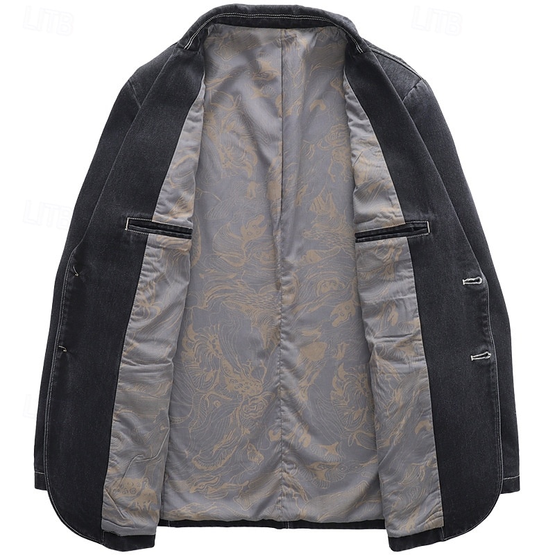 Herr Kavaj Jeansjacka Ledigt Dagliga kläder Semester Mode Ledigt Vår & Höst Polyester Denim Knapp Ficka Bekväm Enkelknäppt Blazer Svart Grå 2025 - $80.99 –P4
