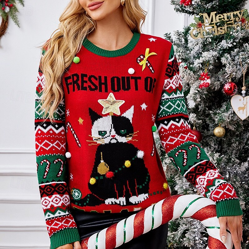 kvinners stygge julegenser morsom julekatt genser langermet genserskjorte 2025 - $30.99 –P4