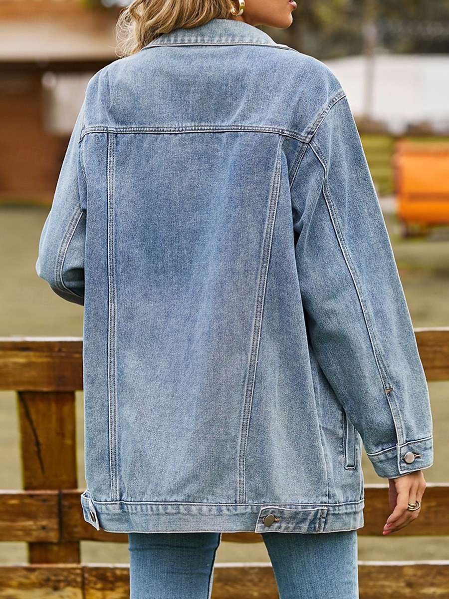 Women's Denim Jacket Outdoor Street Daily Wear Fall Winter Regular Coat Regular Fit Thermal Warm Breathable Stylish Casual Jacket Long Sleeve Solid Color with Pockets Light Blue Black Pink 2025 - $62.99 –P2