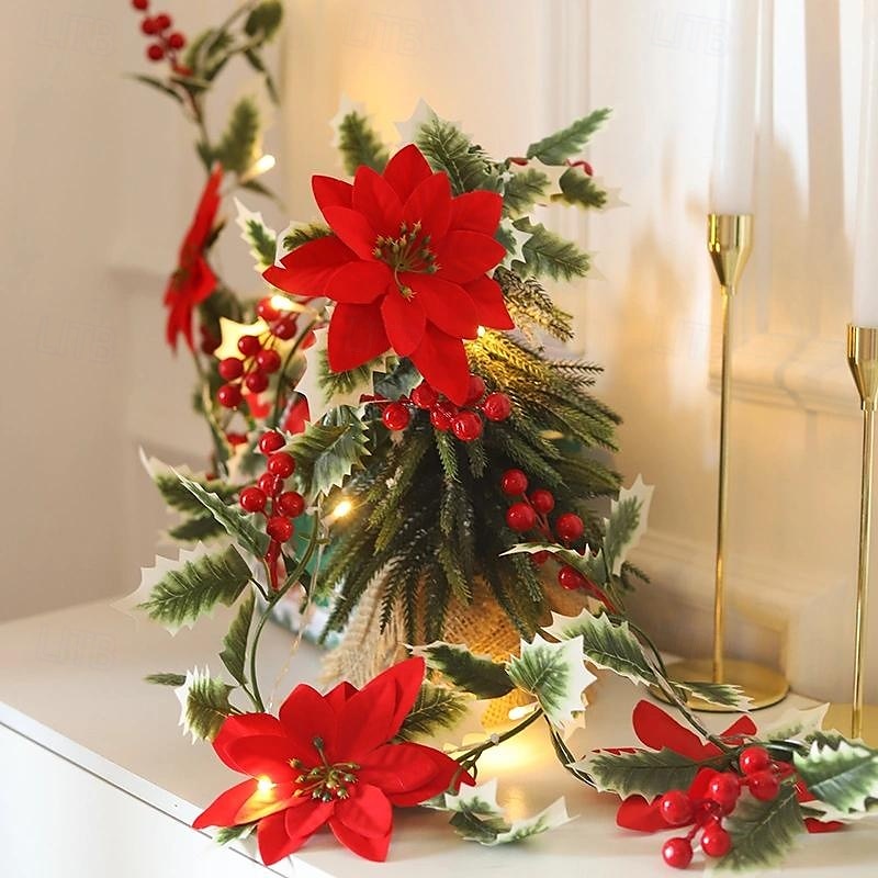 2025年 2m20LEDs 新しいクリスマスフラワーつる真紅のライトストリング 電池ボックス駆動 クリスマス 屋内パーティー お祝いの雰囲気 装飾ライト  コレクション – $15.99 –P7