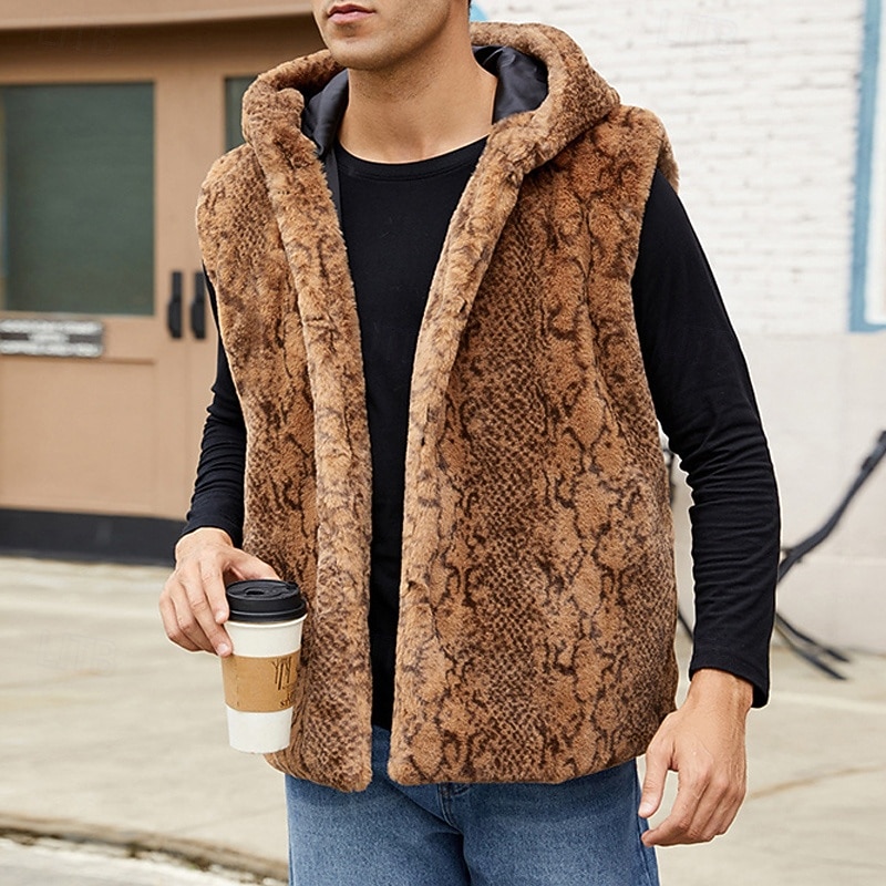 Men's Vest Faux Fur Gilet Daily Date Vacation Fashion Casual Fall & Winter Keep Warm Polyester Comfortable Leopard Print Cardigan Stand Collar Regular Fit White Yellow Brown Vest 2026 - $41.99 –P15