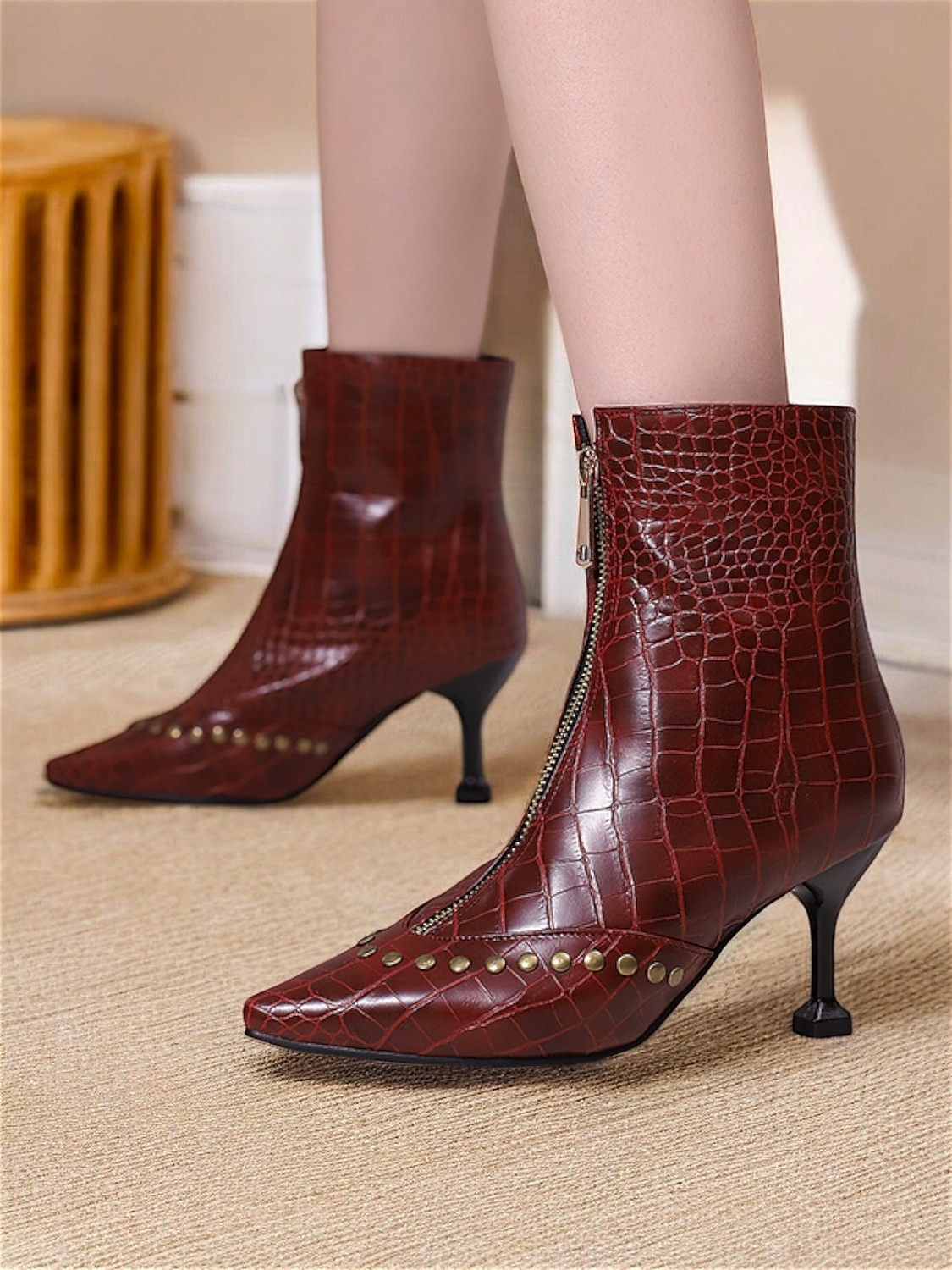 Botines de cuadros para mujer con tacón de aguja y cremallera lateral: elegantes botas de cuadros con punta puntiaguda para la moda de otoño 2025 - $54.99 –P4
