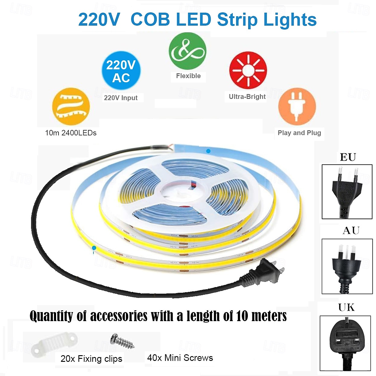 2026年 2メートル 5メートル 10メートル ライトセット 240 LED COB 15mm 1セット取付金具 1セット 温白色 ホワイト ネットホワイト LEDストリップライト 屋内 屋外 ホリデー 220-240 V 110-120 V  コレクション – $23.99 –P2