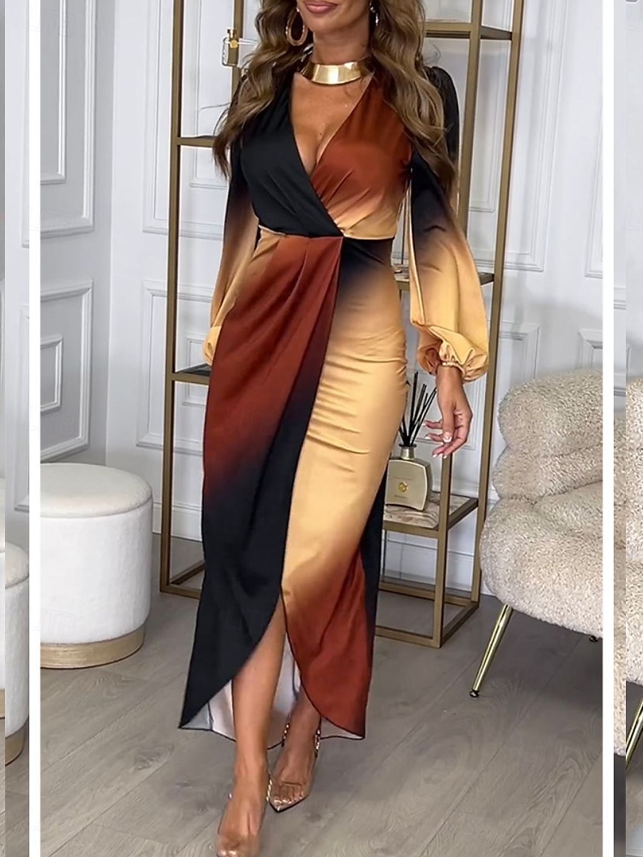 abito midi da donna con scollo profondo sfumato e maniche lunghe primavera autunno del 2025 a $41.99 –P3