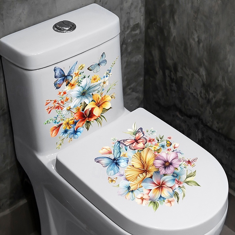 pvc virág pillangó wc burkolat wc tartály dekorációs matricák, vízálló öntapadós levehető fürdőszoba falmatricák, modern lakberendezés 2025 - $6.49 –P2