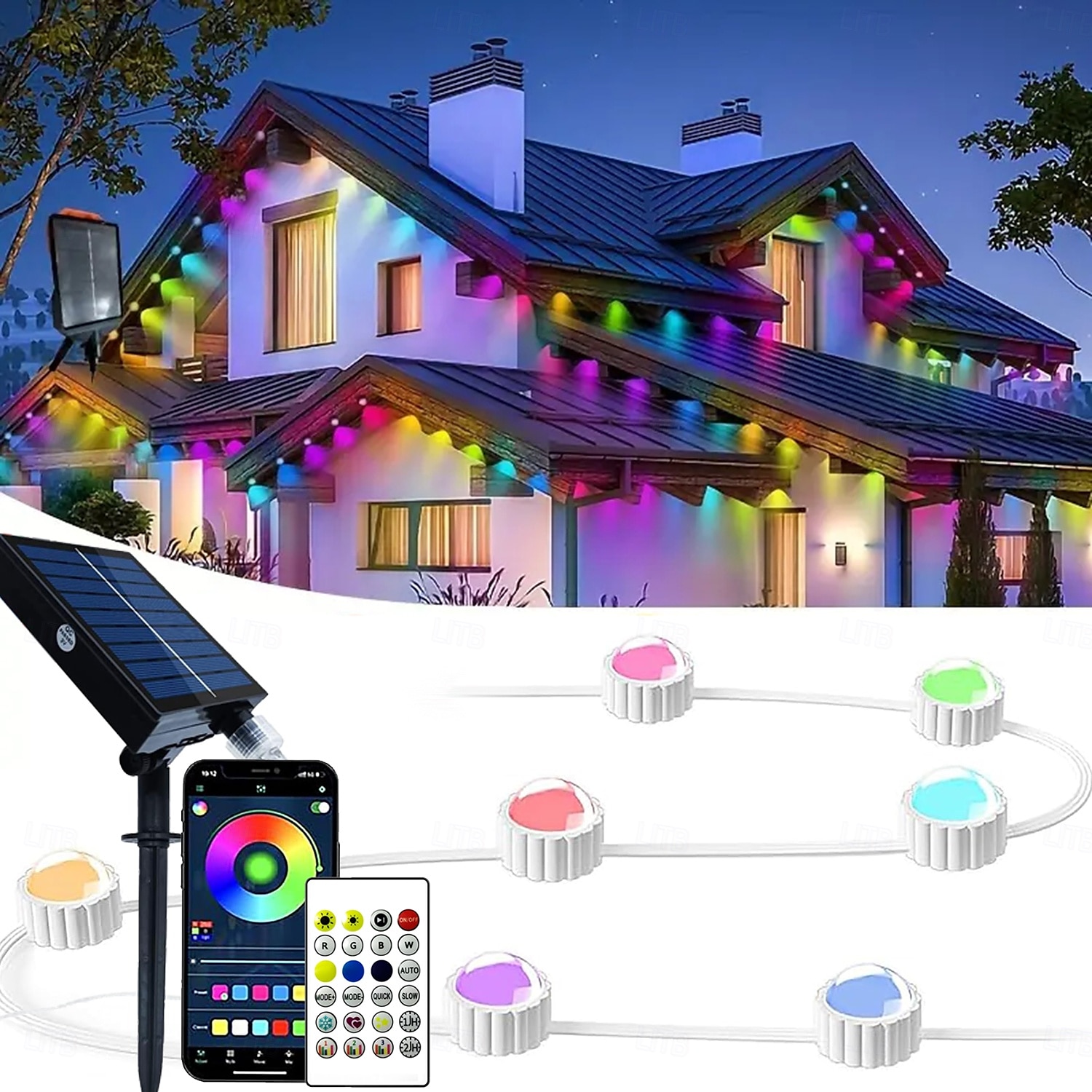 2025年 36LED 53フィート ソーラーエネルギー パーマネント アウトドア ライト、RGBIC スマート イーブス ライト、アプリ付き LED ストリング エタニティ ライト &リモート IP65 防水屋根中庭屋外照明 クリスマス ホリデー プラグ可能  コレクション – $156.99 –P5