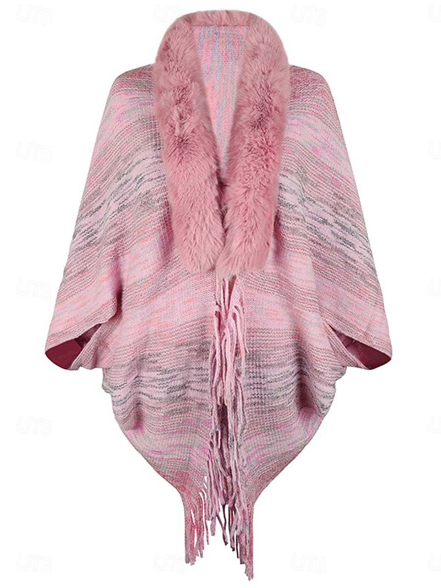 Women's Shrug Casual Soft Rainbow Ribbed Open Front Tassel Knitted Faux Fur Trim Long Sleeve Regular Tops Knit Outdoor Daily Weekend Pink Apricot Fall Winter 2025 - $29.99 –P3