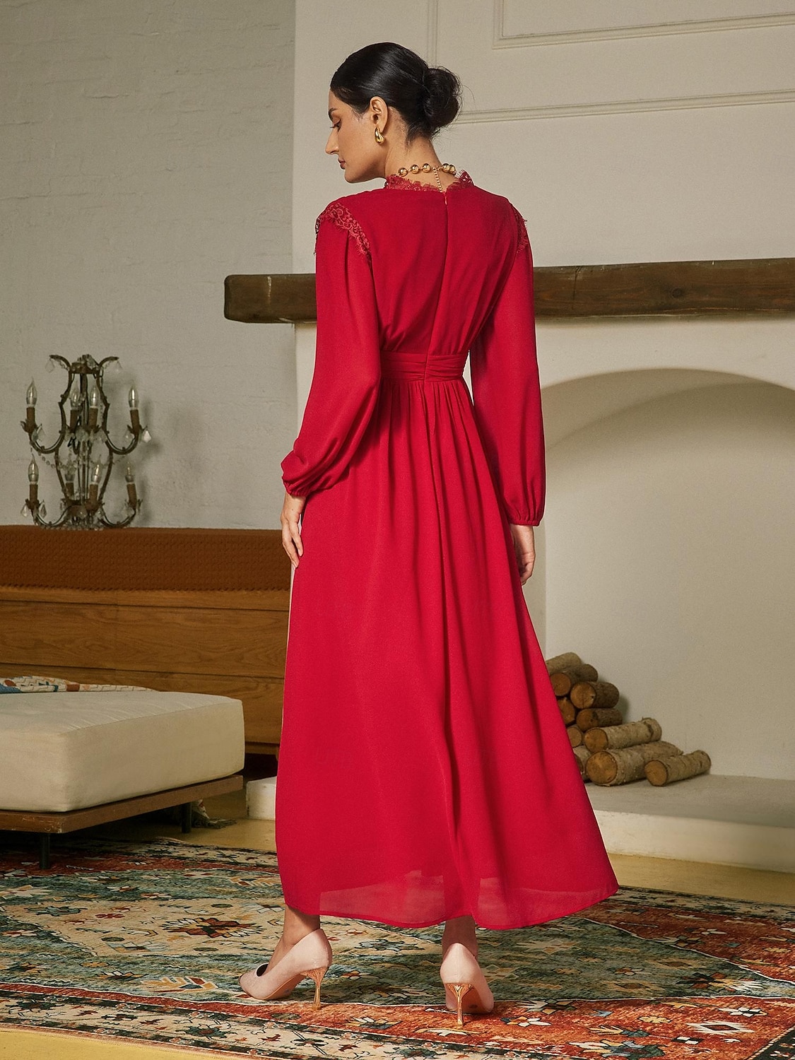 abito lungo da festa in chiffon rosso e pizzo con scollo a V del 2025 a $178.99 –P2