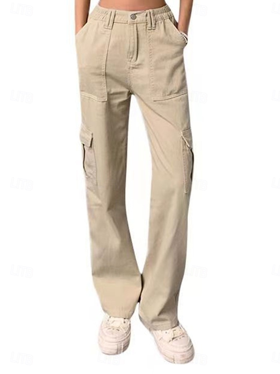 2026年 女性用 カーゴパンツ チノパン ファッション ストリートファッション 全長 ハイウエスト 平織り ポケット 快適 ソフト マイクロエラスティック アウトドア ストリート ブラック カーキ色 グレー 春 & 秋 レギュラー  コレクション – $32.99 –P2