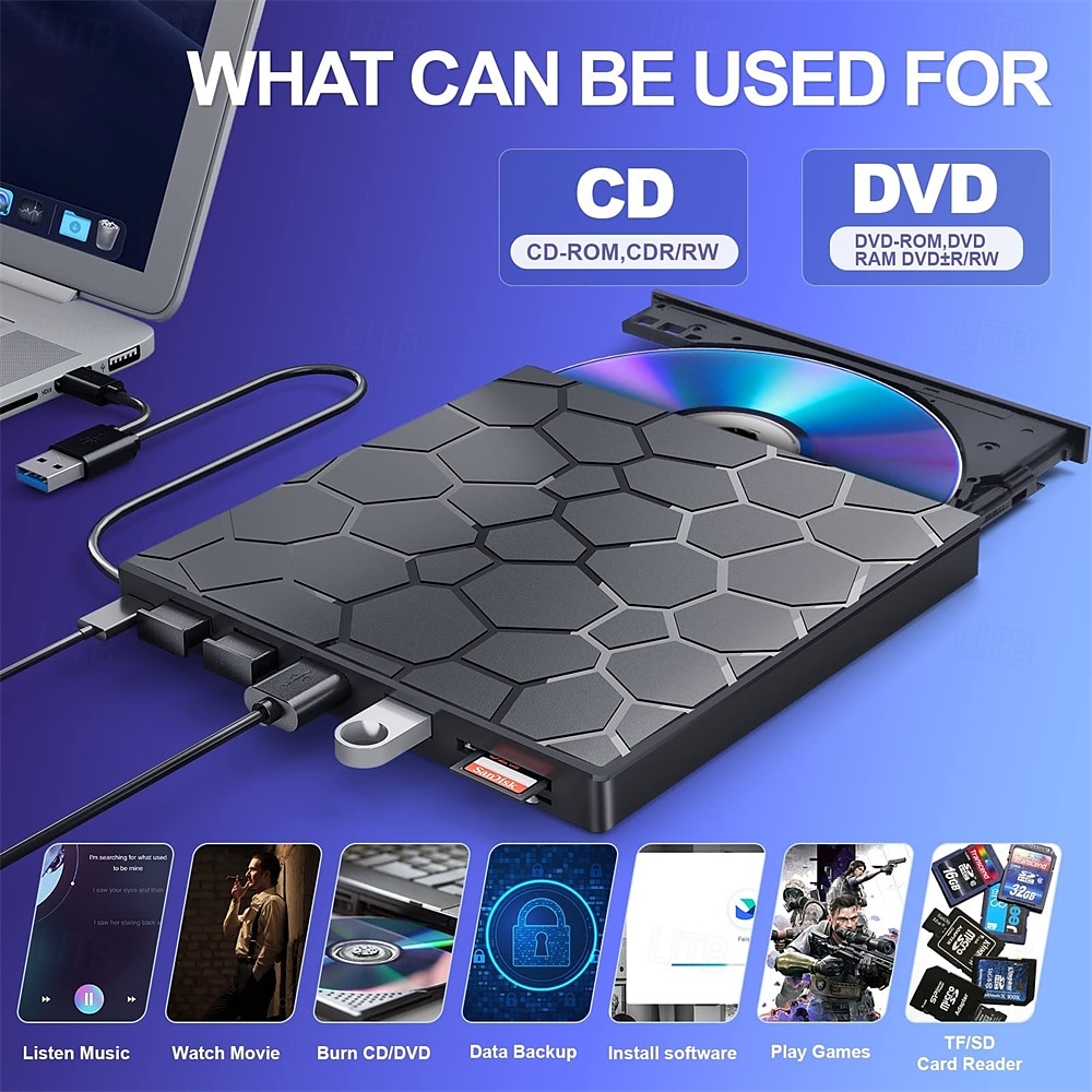 внешний привод CD/DVD для ноутбука, DVD-плеер для ноутбука 8 в 1 USB 3.0 сверхтонкий портативный CD-рекордер внешний оптический дисковод совместимый с ноутбуком настольным компьютером 2025 - $59.99 –P2