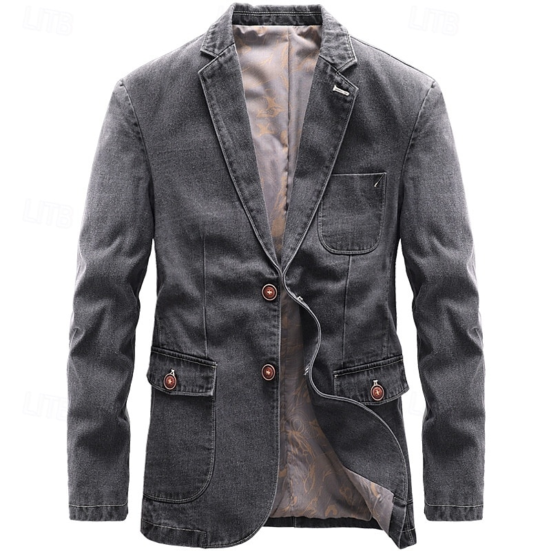 Herr Kavaj Jeansjacka Ledigt Dagliga kläder Semester Mode Ledigt Vår & Höst Polyester Denim Knapp Ficka Bekväm Enkelknäppt Blazer Svart Grå 2025 - $80.99 –P1
