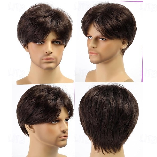heren korte pruik krullend met pony pruik kort bruin grijs blond synthetisch haar dames blond bruin grijs 2025 - $15.99 –P4