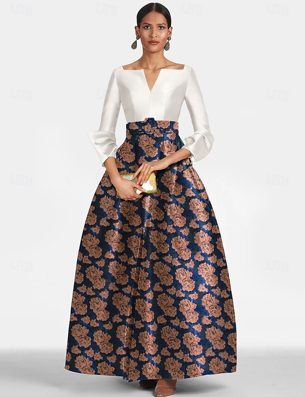 Robe de soirée en A verte brocart floral élégante tenue formelle longueur complète manches 3/4 décolleté en V poche en satin avec imprimé robe invitée de mariage de 2025 ? $178.99 –P3