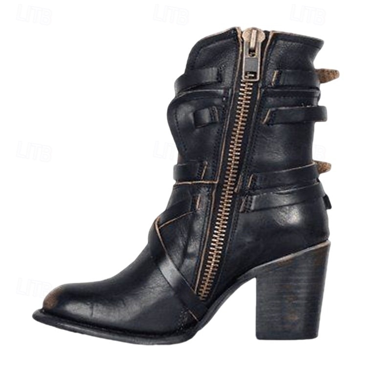 Botines negros de piel sintética para mujer con detalle de cremallera y correa, elegantes botas de tacón medio para uso informal y occidental 2025 - $49.99 -P5