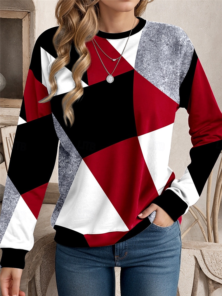 Sudadera de mujer con estampado geométrico para uso diario, informal, cuello redondo, manga larga, microelástica, otoño e invierno, cómoda, transpirable, tejido suave 2025 - $24.99 –P1