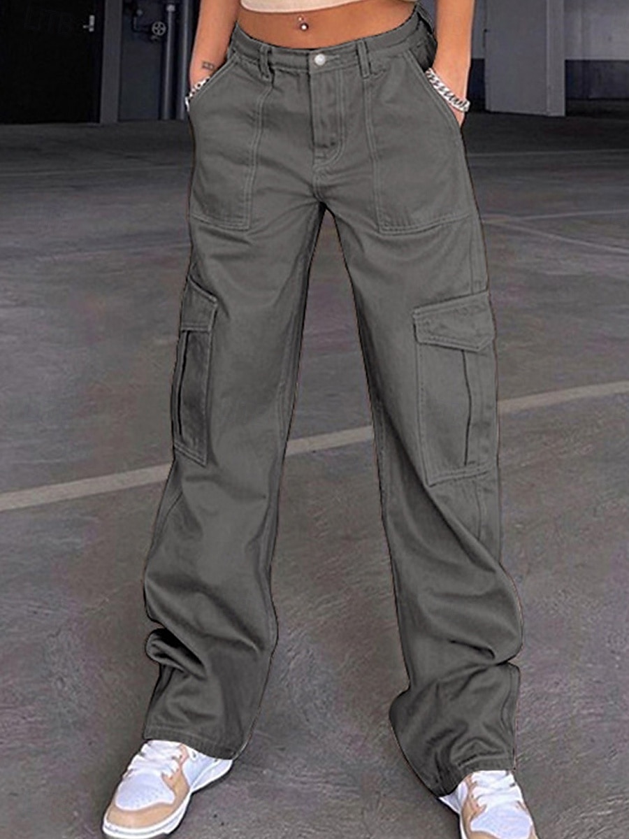 Per donna Pantaloni cargo Di tendenza Streetwear Lunghezza intera Vita alta Liscio Multi tasca comodo Morbido Comodo Media elasticità Esterno Strada Nero Cachi Grigio Primavera & Autunno Standard del 2025 a $24.99 –P1