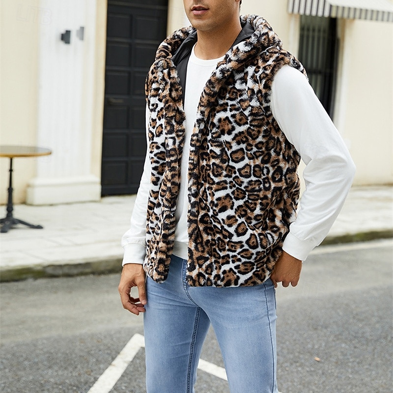Men's Vest Faux Fur Gilet Daily Date Vacation Fashion Casual Fall & Winter Keep Warm Polyester Comfortable Leopard Print Cardigan Stand Collar Regular Fit White Yellow Brown Vest 2026 - $41.99 –P5
