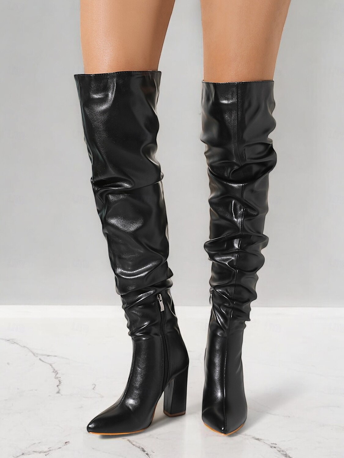 botas femininas pretas largas acima do joelho – bico fino estiloso com salto bloco para moda de inverno e roupas de noite de 2025 por $59.99 –P10