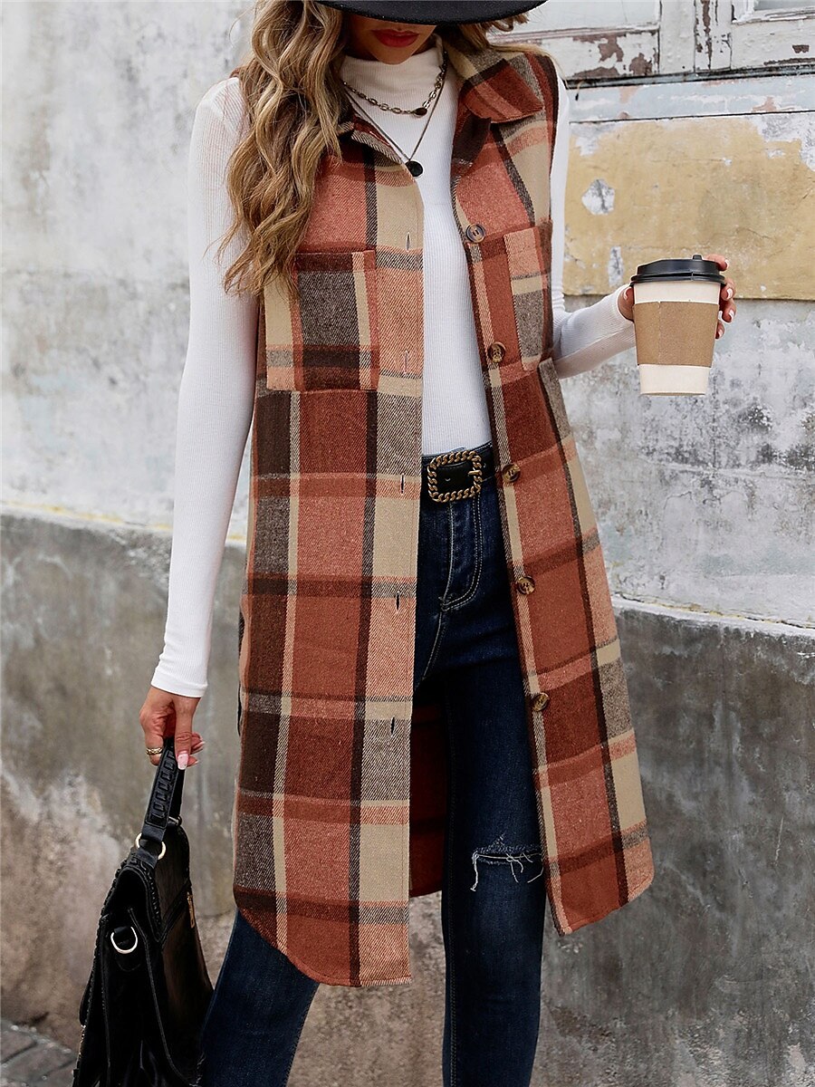 Mulheres Colete Ao ar livre Rua Roupa Diária Outono Inverno Longo Casaco Normal Térmico / Quente Respirável à moda Casual Casaco Sem Manga Listras e xadrez Com bolsos Imprimir Laranja Verde Cáqui de 2025 por GBP £32 –P7