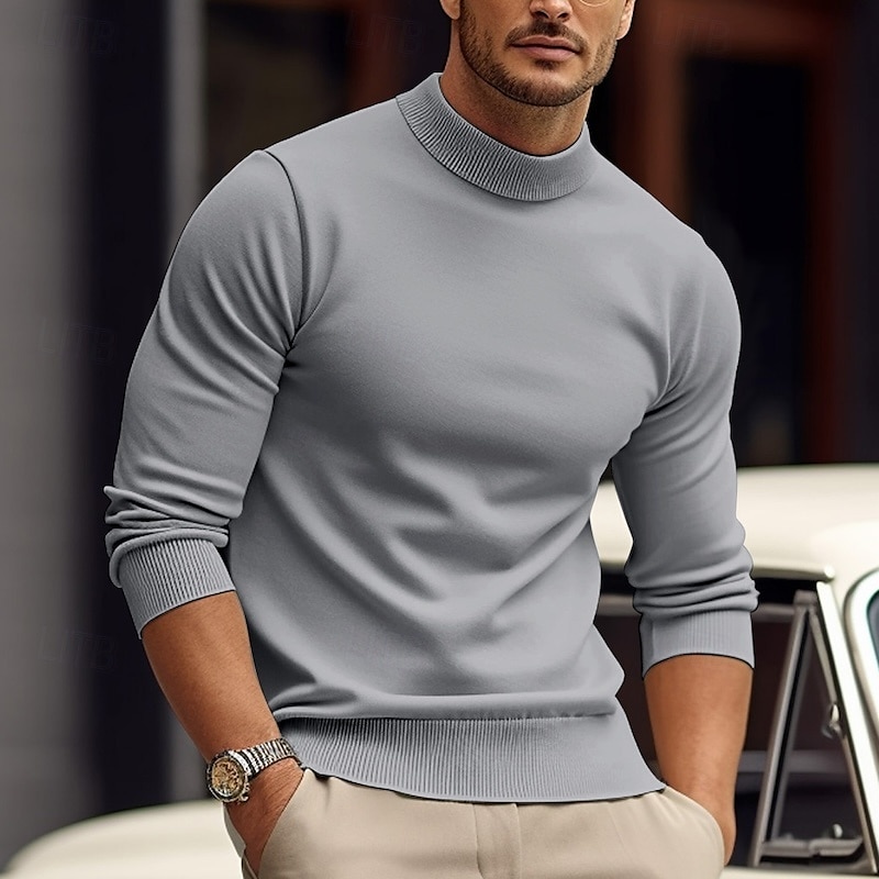 Men's Pullover Sweater Jumper Knit Sweater Ribbed Knit Knitted Plain Mock Neck Basic Keep Warm Daily Wear Vacation Clothing Apparel Fall & Winter Black White S M L 2025 - $28.99 –P16