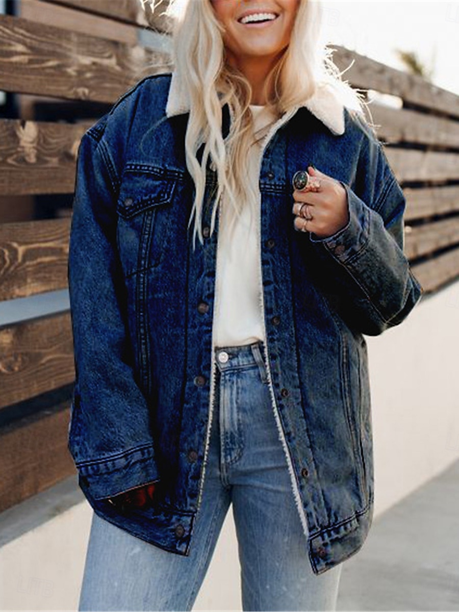 Dame Fleece-jakke Teddyfrakk Denimjakker Hold Varm Pustende Lomme Fleece Lined Fritid عادي Feriereise Gate Dagligdagstøy Ut på byen Enkeltkneppet Normal Aftæpning Normal Langermet Yttertøy Svart Bl 2025 - $41.99 –P4