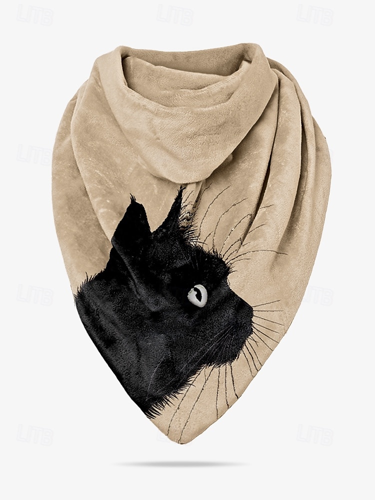 beige halsduk i vintagestil för kvinnor med svart katttryck – mysig och unik accessoar för kattälskare, perfekt för höst- och vinterkläder 2025 - $18.99 –P4