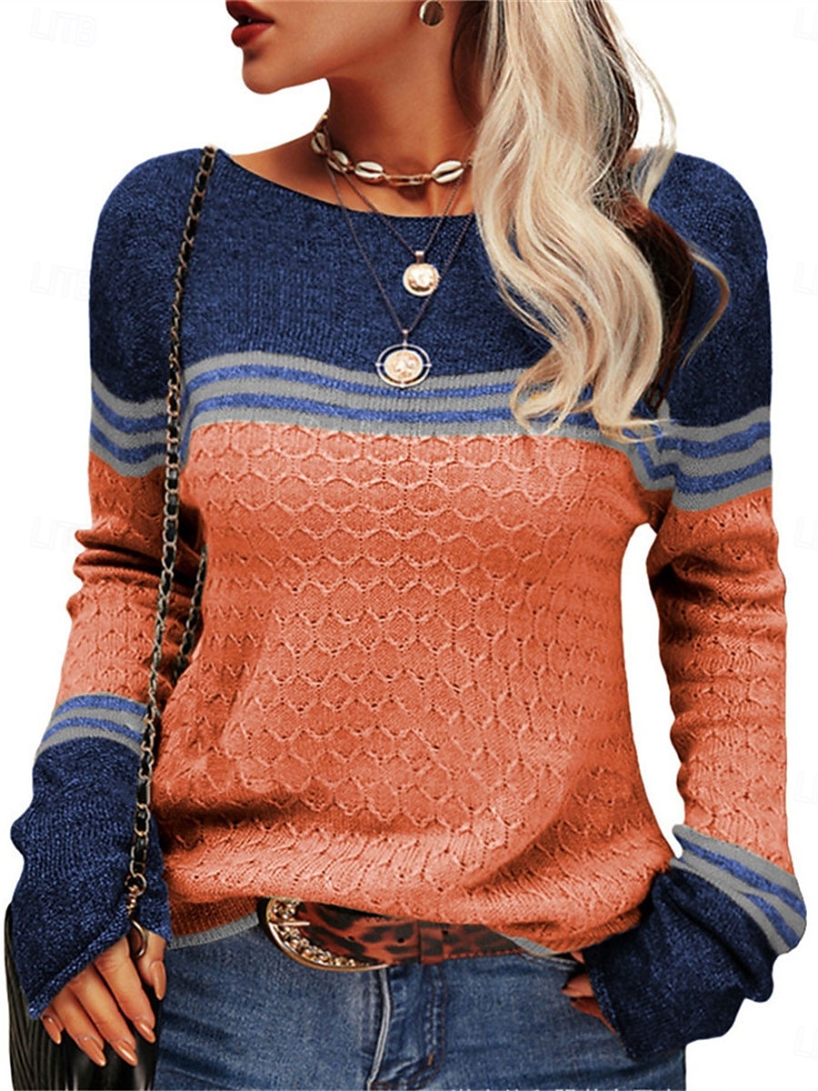 Dame Genser Pullover genser Fritid Myk Stripet Riflet Crew-hals Lapper Strikket Langermet Vanlige topper Strikke utendørs Daglig Helg Rosa Oransje Høst Vinter 2025 - $35.99 –P4