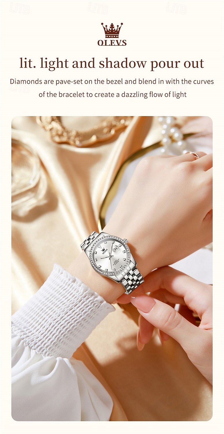 New Olevs Olevs Brand Mother's Day Gift for Women'S Trend Fashion Steel Belt Watch Calendar Luminous With Diamonds Simple Leisure Quartz Watch Waterproof Sports Versatile Wristwatch 2026 - $32.99 –P15