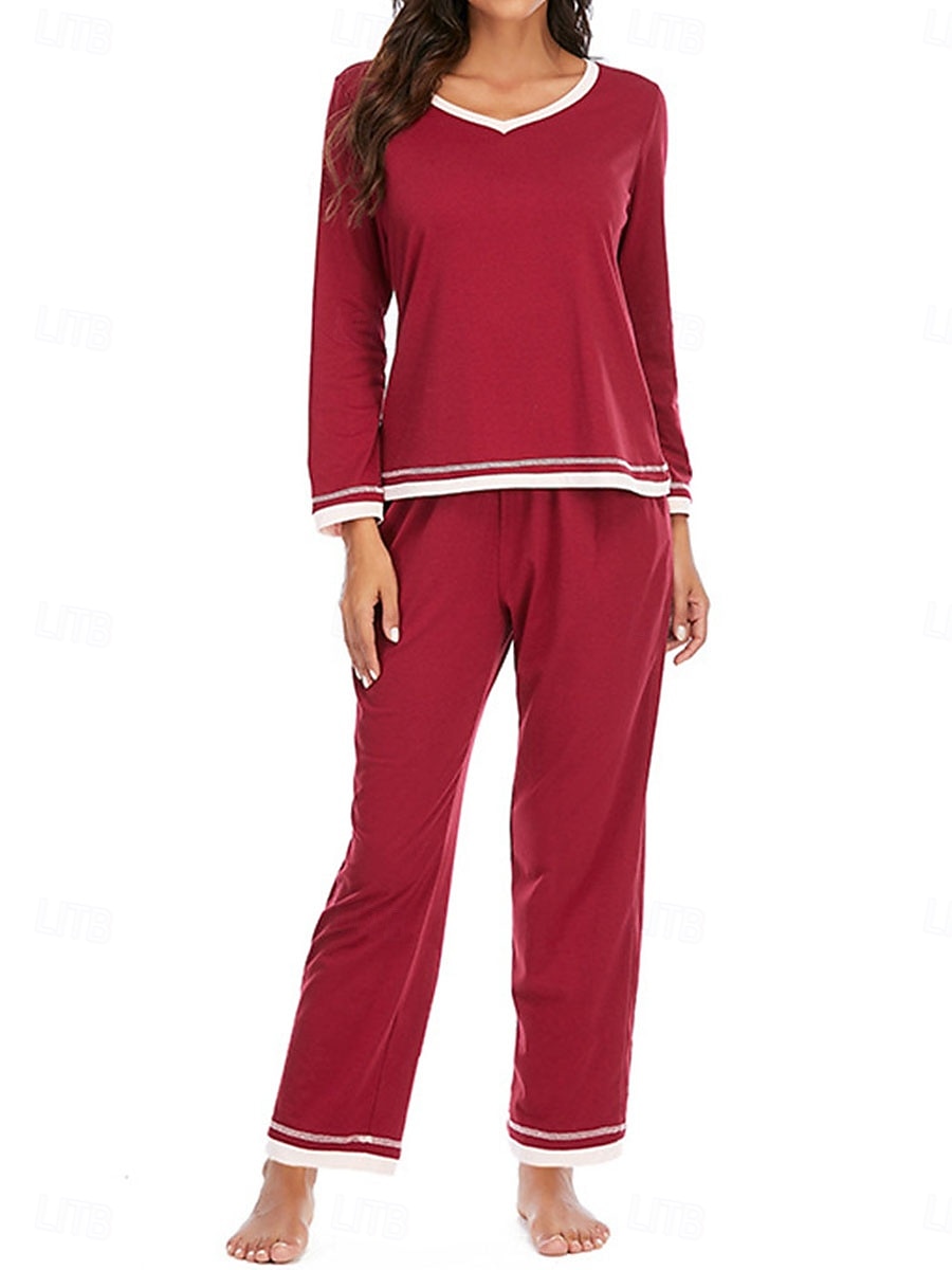 set de pijamale de damă culoare pură casual confort acasă zilnic confort din bumbac cald cu gâtul turnat tricou cu mânecă lungă pantaloni talie elastică ținute de toamnă iarnă acasă 2026 - $41.99 –P5