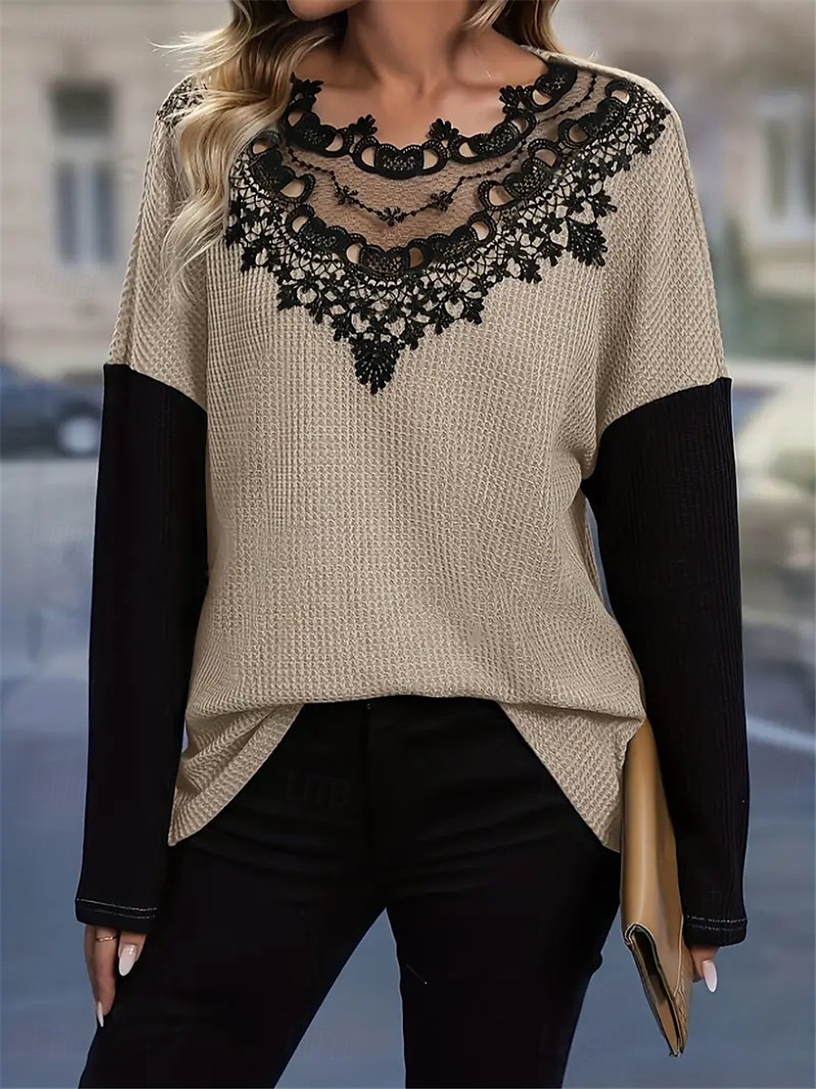 Top in pizzo elegante da donna blusa all'uncinetto moda moderna casual top semplici regolari maniche lunghe scollo rotondo vestibilità regolare abbigliamento quotidiano weekend romantico top petite del 2025 a $23.99 –P1