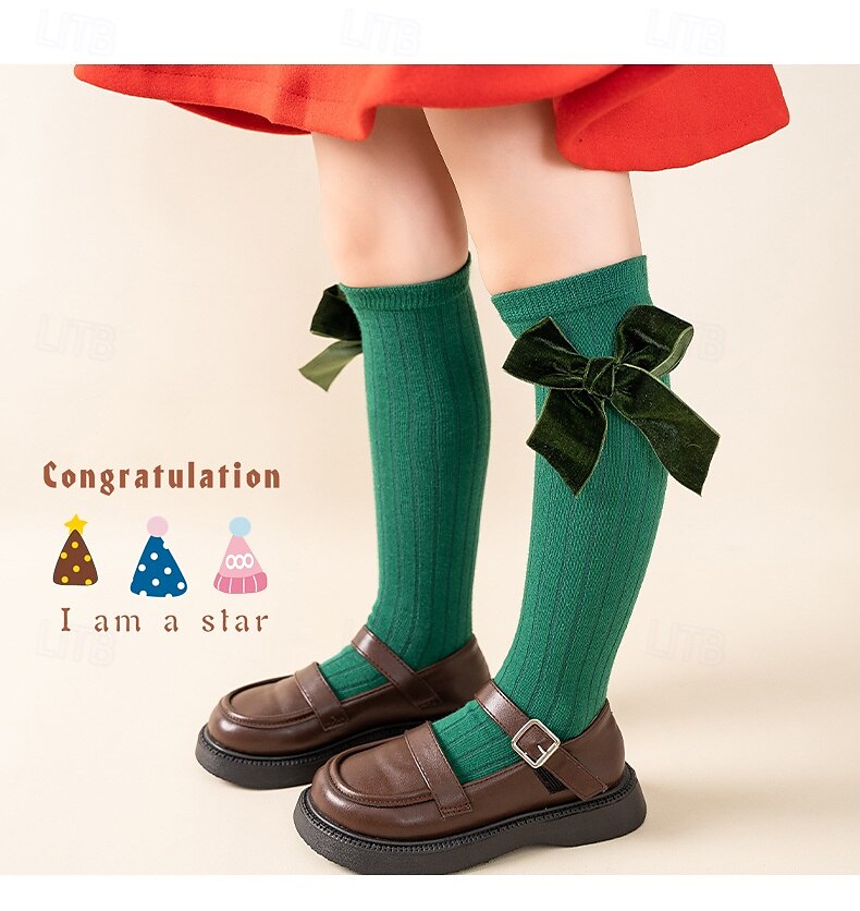 Kids Girls' Socks Children's Day Underwear Red Green Solid Colored Patchwork Fall Winter Lolita Daily Wear 3-12 Years Toddler Bow Sweet Cotton 2025 - $4.99 –P3