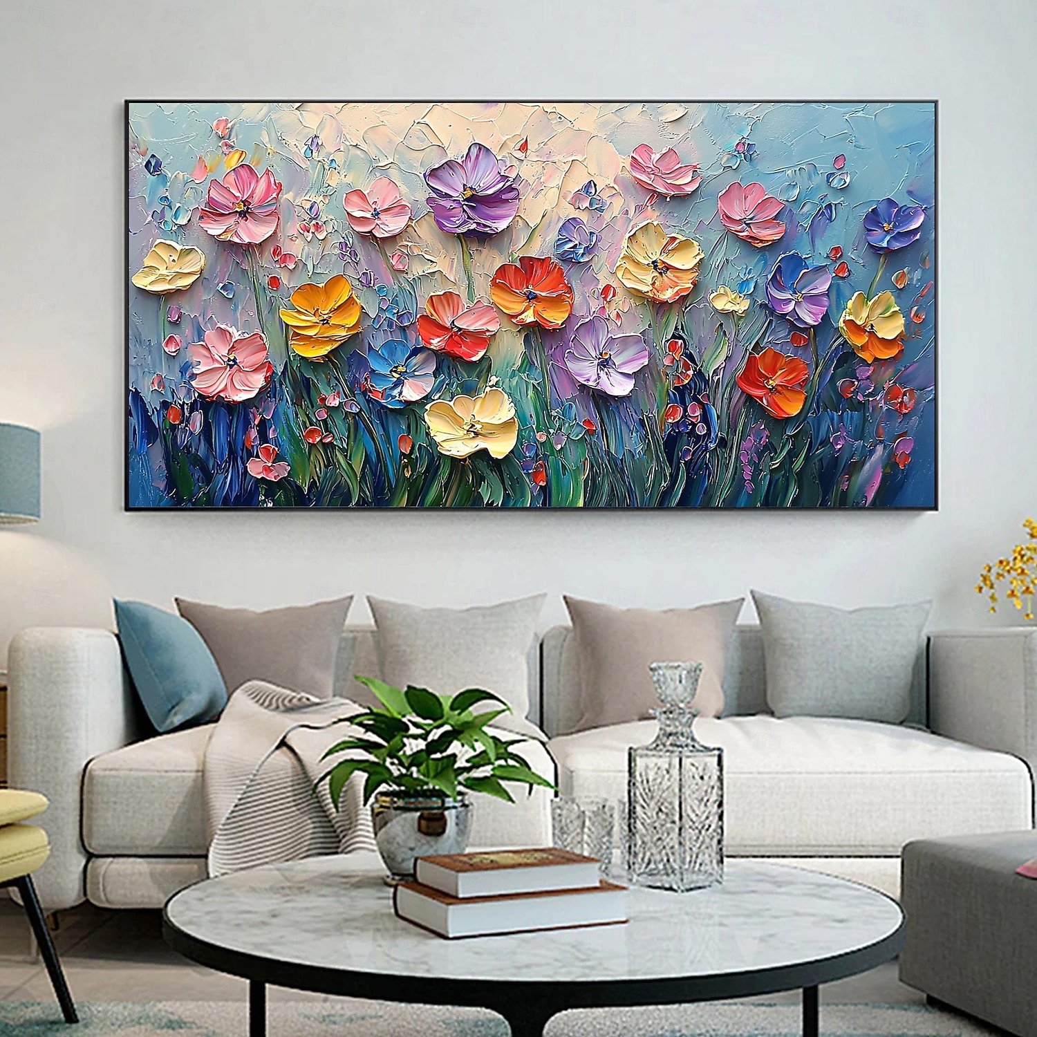 油絵 窓辺に並べたお花 大きめキャンバス 油絵 窓辺に並べたお花