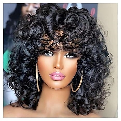 parrucche ricce per donne nere parrucca riccia corta morbida con frangia afro riccioli sciolti parrucca sintetica resistente al calore per donne del 2025 a $18.99 –P2