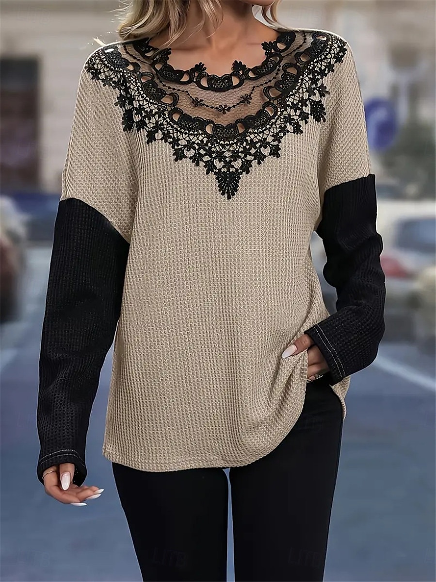 Top in pizzo elegante da donna blusa all'uncinetto moda moderna casual top semplici regolari maniche lunghe scollo rotondo vestibilità regolare abbigliamento quotidiano weekend romantico top petite del 2025 a $23.99 –P7