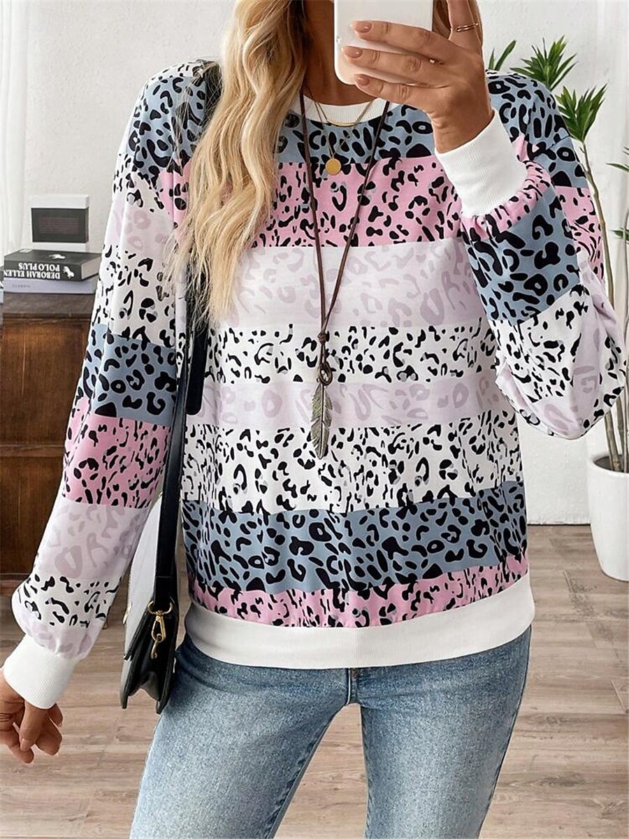 dámská mikina leopard street denní nošení potisk ležérní posádka výstřih dlouhý rukáv mikroelastický podzimní zimní komfrt prodyšná měkká tkanina 2025 - $24.99 –P4
