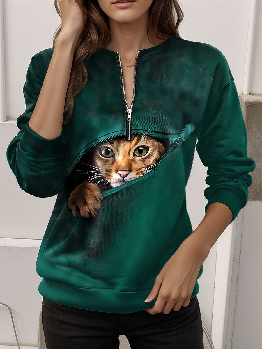 Women's Sweatshirt Cat Street Dailywear Zipper Print Casual Crew Neck Long Sleeve Micro-elastic Fall Winter Comfrt Breathable Soft Fabric 2025 - $27.99 –P1